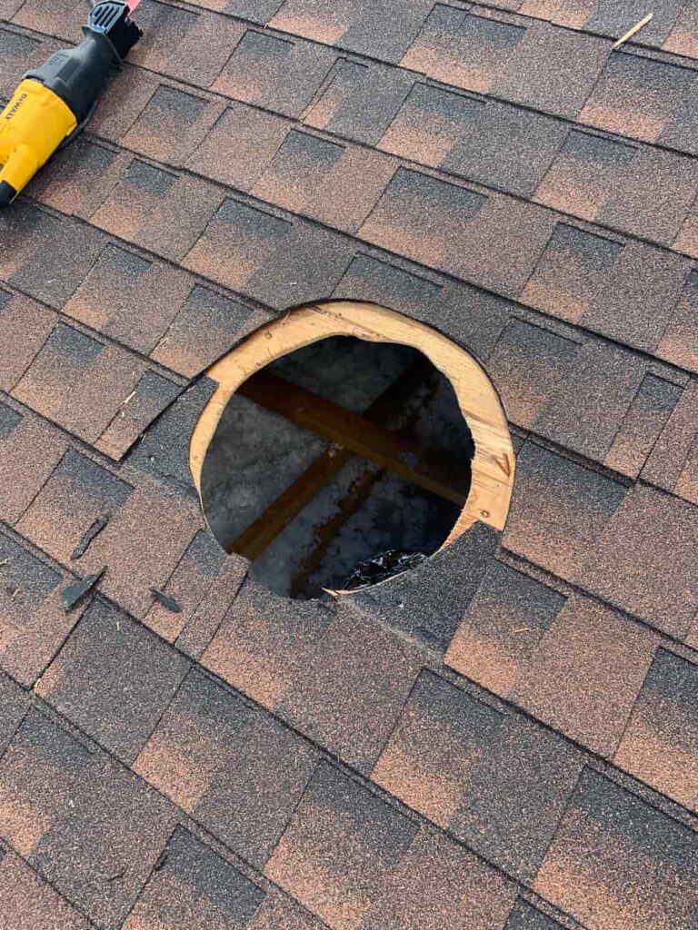 hole cut in roof for skylight